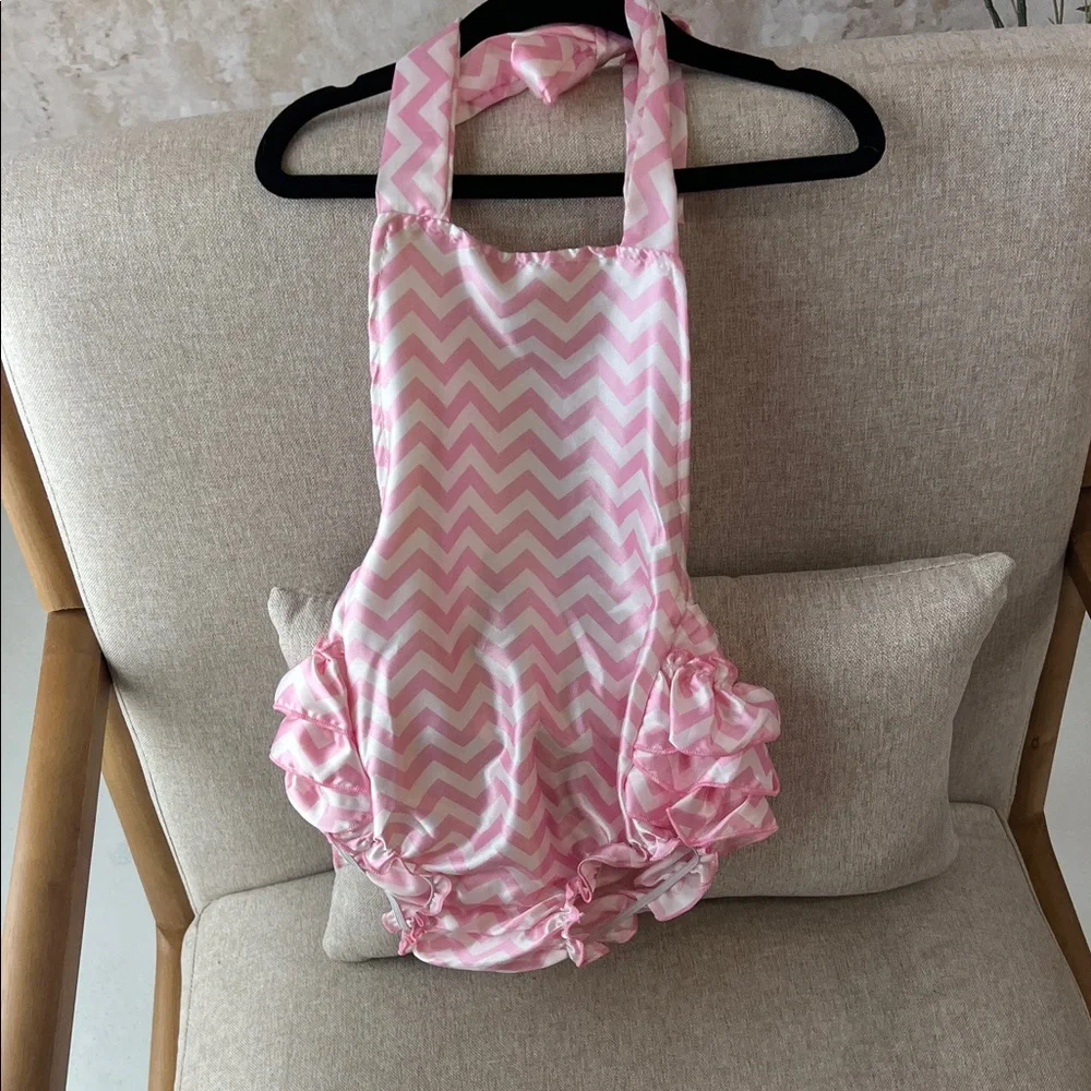 Amazon Pink Chevron Ruffled Romper - Picture 1 of 2
